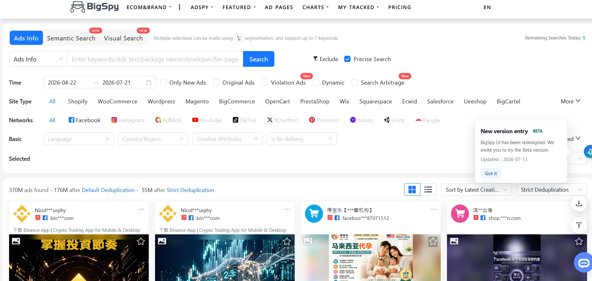 BigSpy Top Charts with trending ad creatives