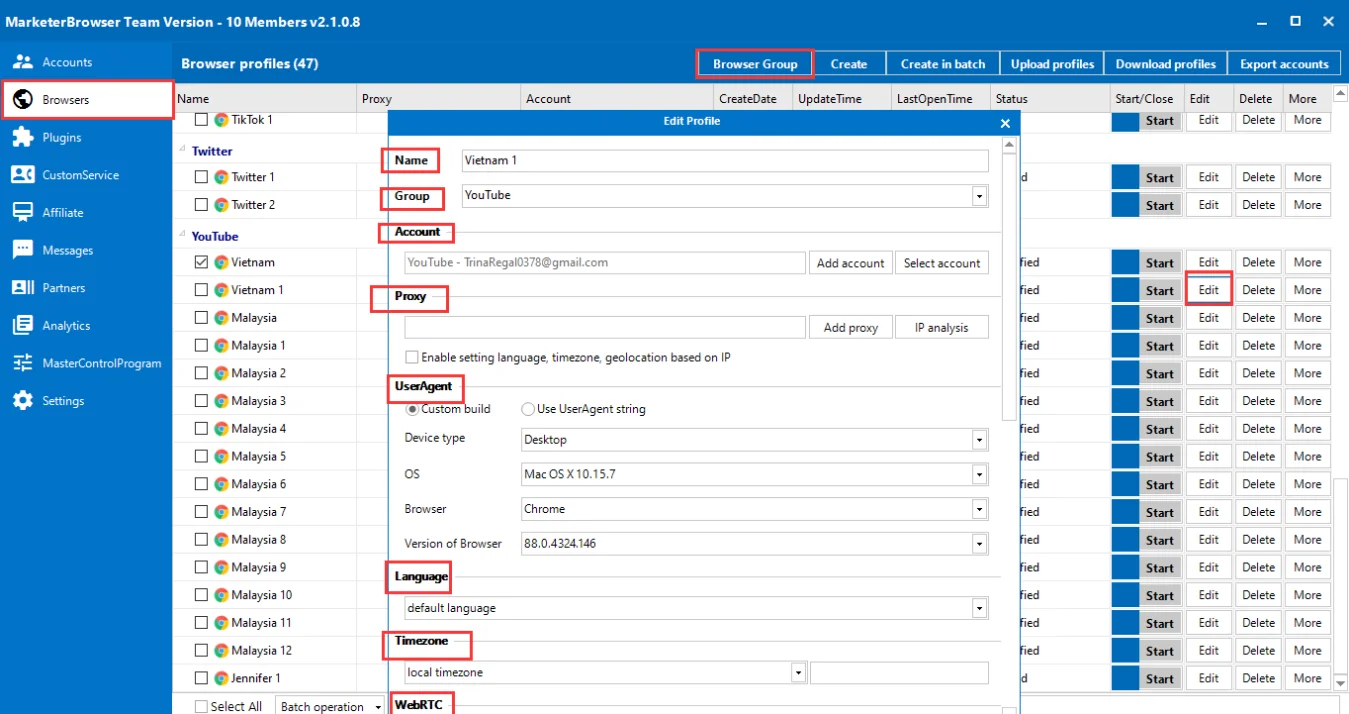 Account analytics and Android emulator in MarketerBrowser