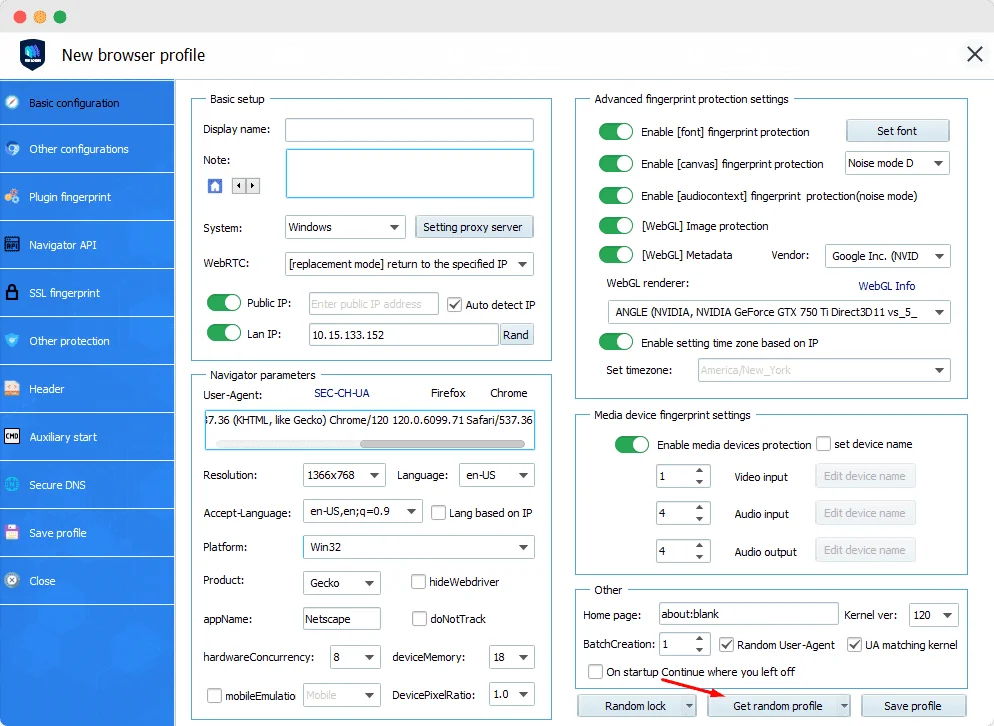 Browser fingerprint and team role settings in VMLogin