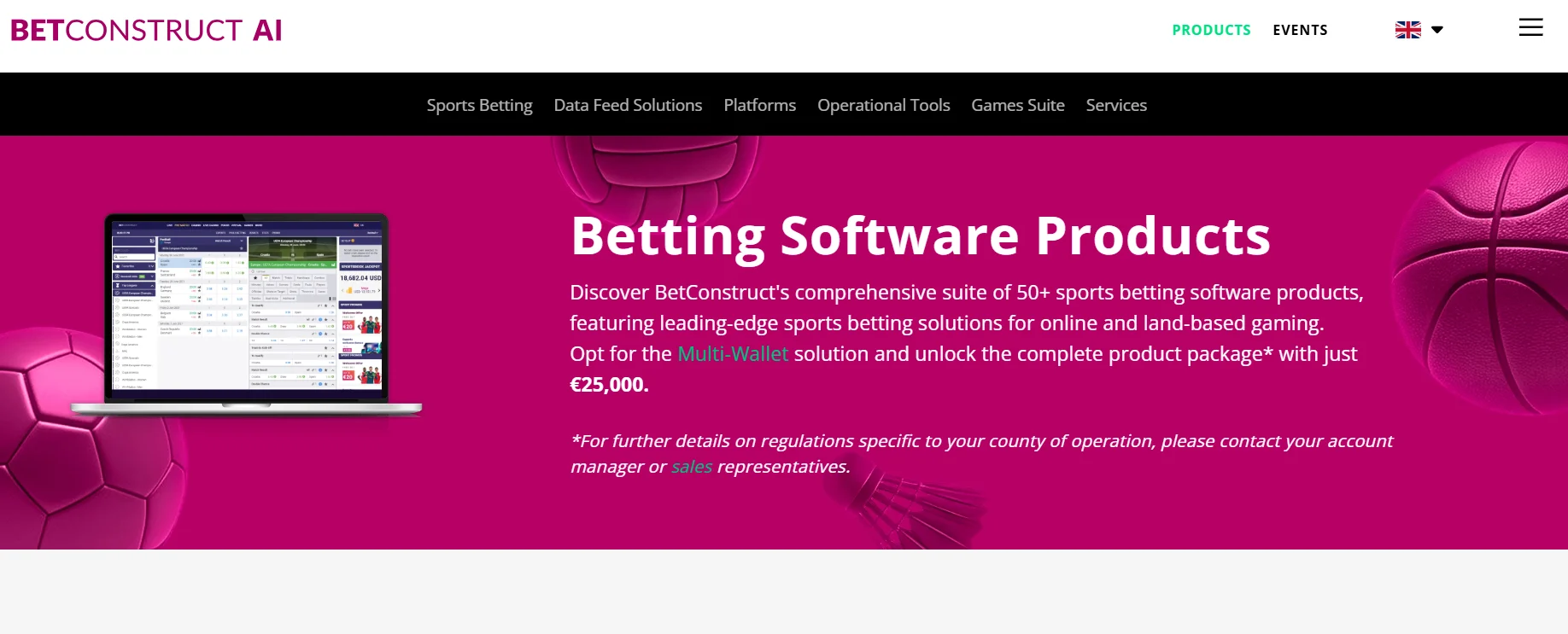 BetConstruct AI page with betting software products for online and land-based gaming