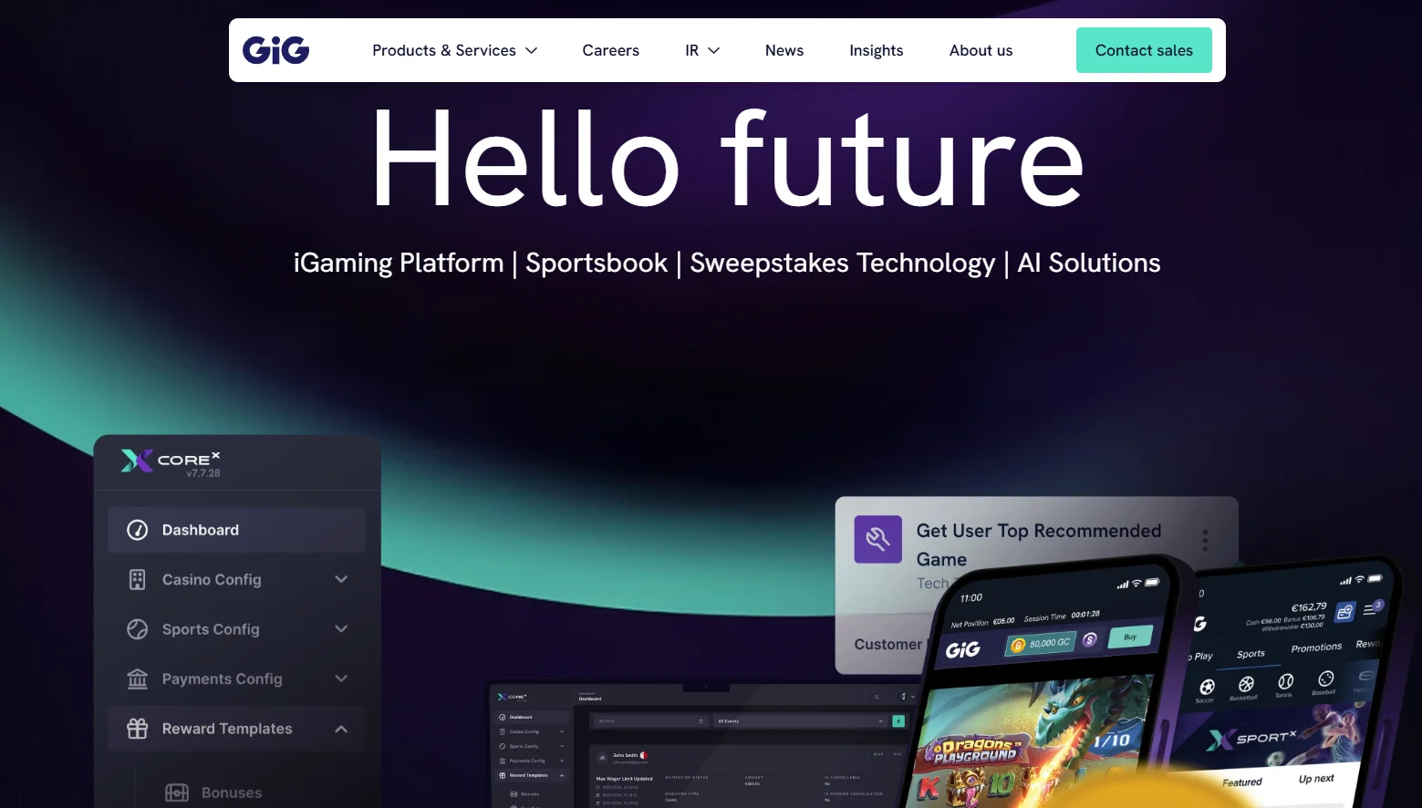 GiG homepage showing iGaming Platform, sportsbook, sweepstakes technology and AI solutions