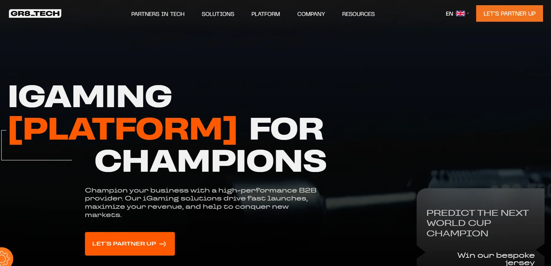 GR8 Tech website showing an iGaming platform for sportsbook and casino operators