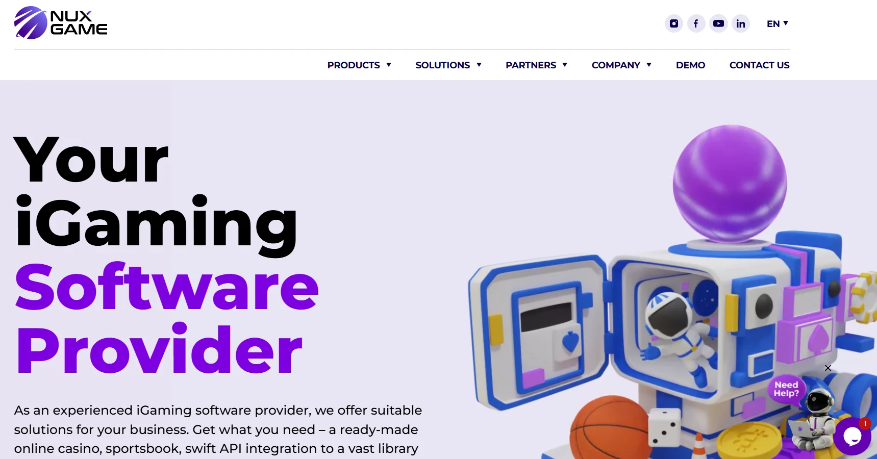 NuxGame homepage presenting iGaming software for online casino, sportsbook and API integrations