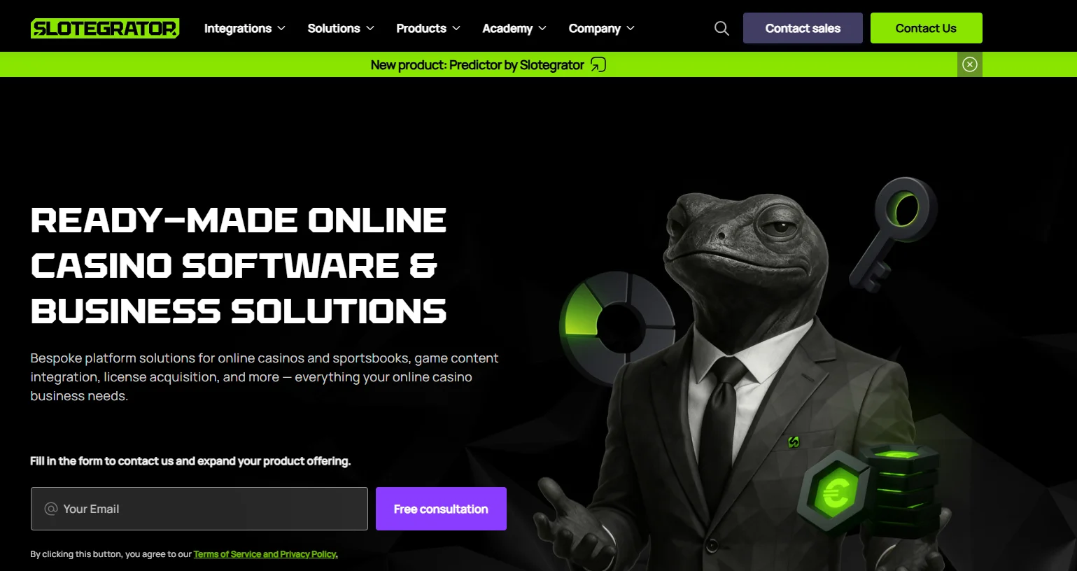 Slotegrator homepage with ready-made online casino software and business solutions