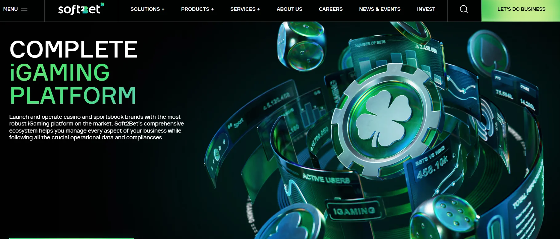 Soft2Bet website showing a complete iGaming platform for launching casino and sportsbook brands