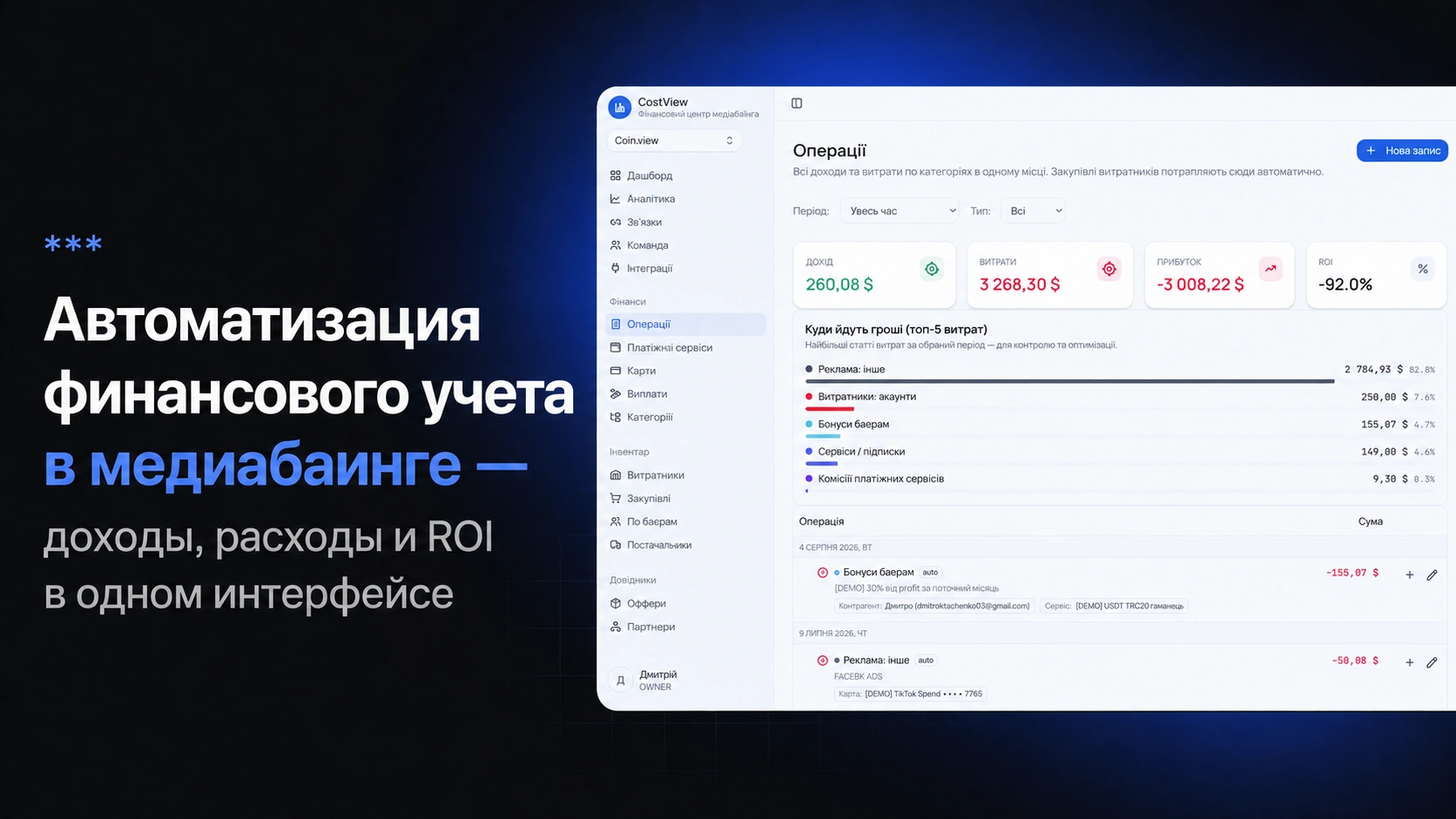 CostView показывает доходы, расходы, прибыль и ROI для арбитража трафика в одной системе