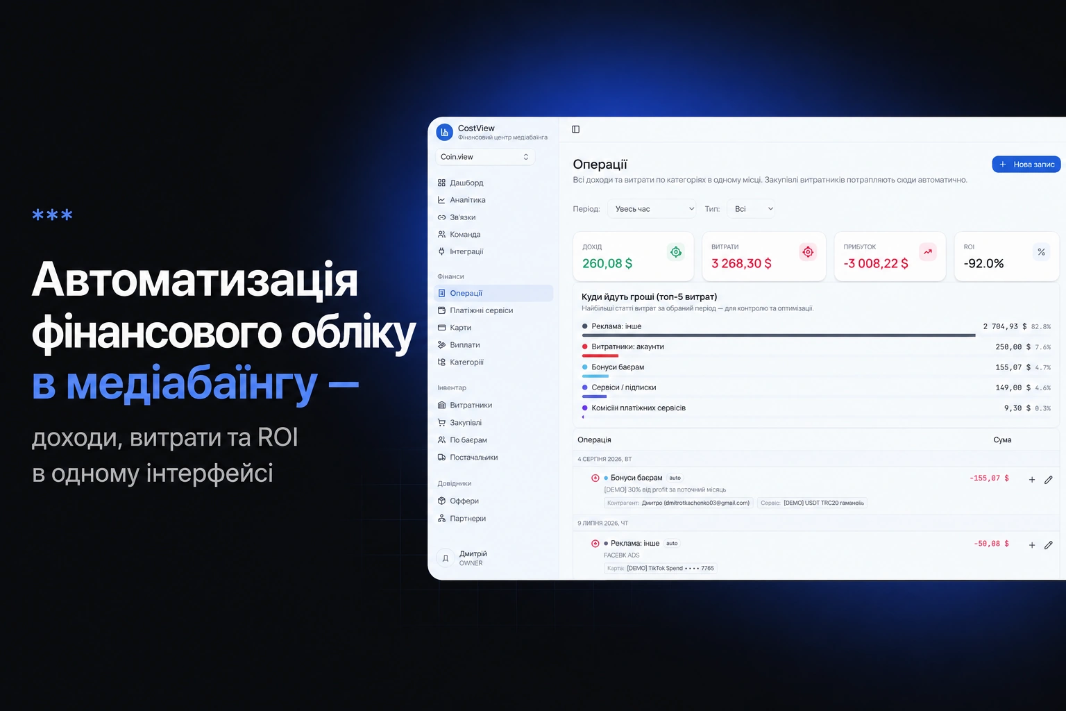 CostView показує доходи, витрати, прибуток і ROI для арбітражу трафіку в одній системі