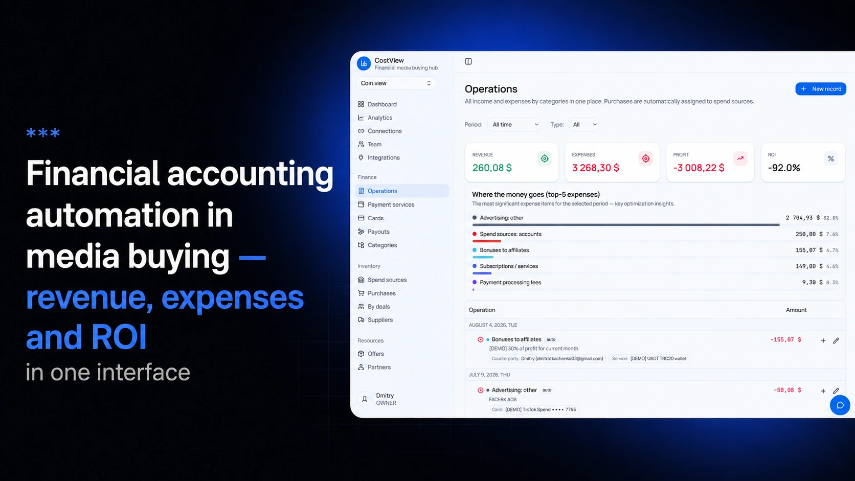 CostView dashboard for managing payment services, cards and balances in the iGaming sector