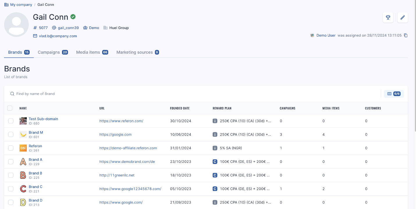 ReferOn multi-brand affiliate dashboard with CPA reward plans