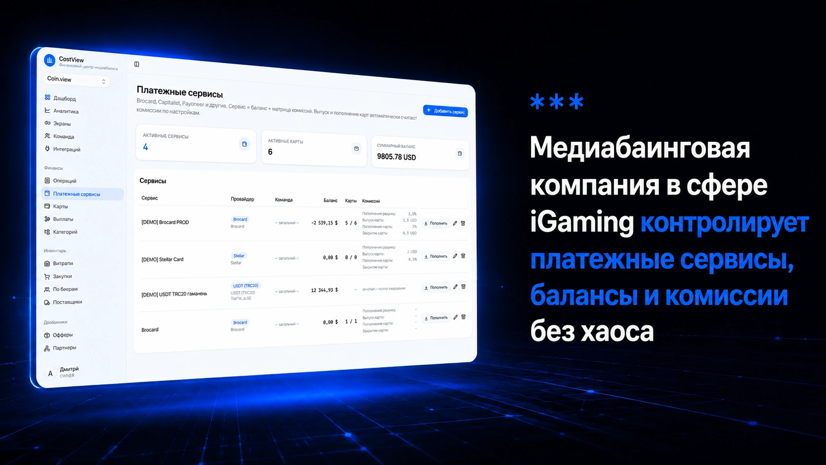 Панель CostView для контроля платежных сервисов, карт и балансов в сфере iGaming