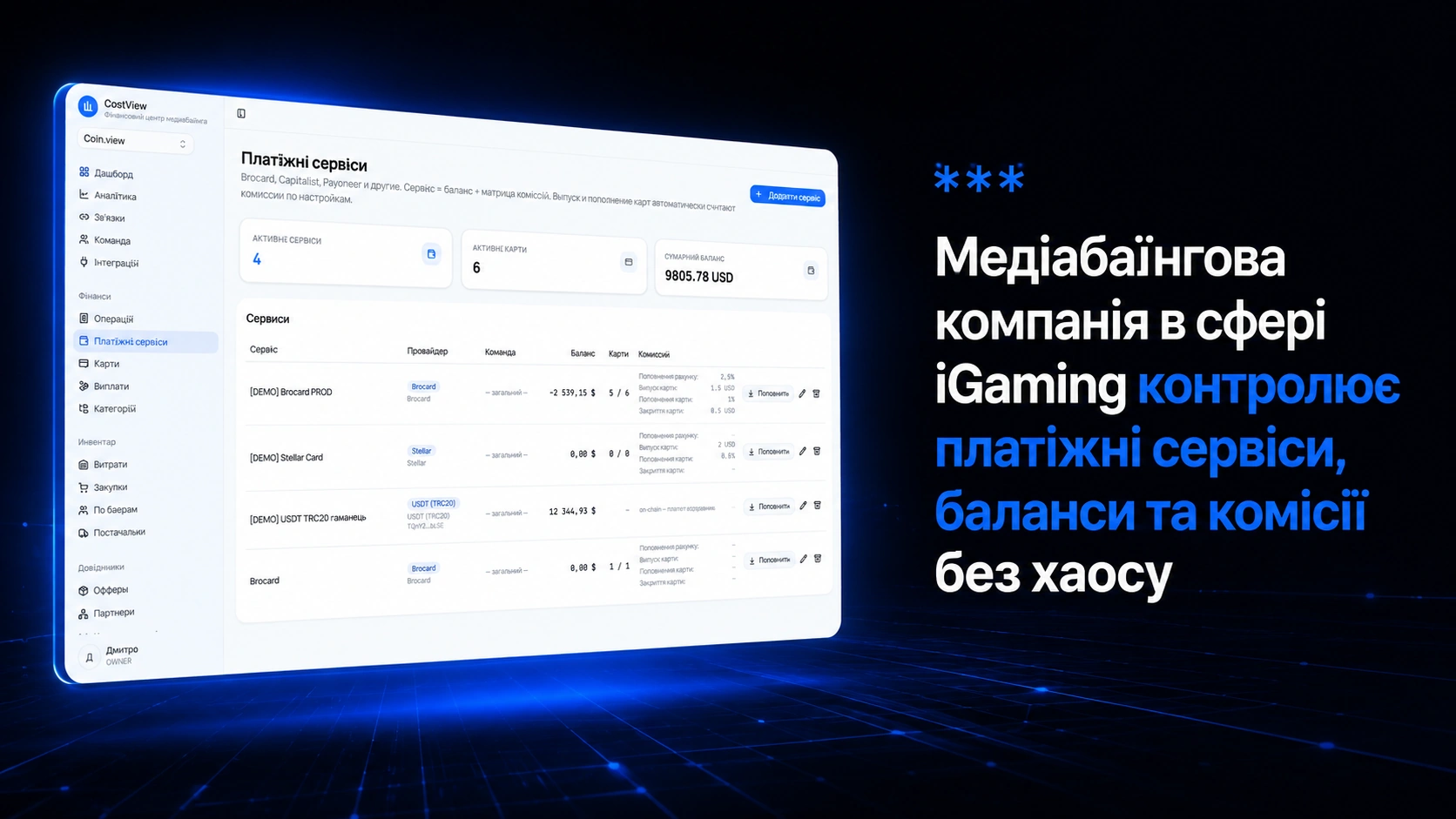 Панель CostView для контролю платіжних сервісів, карт і балансів у сфері iGaming